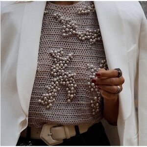 ZARA Limited Edition Gray Pearl Rhinestone Embellished Knit Top